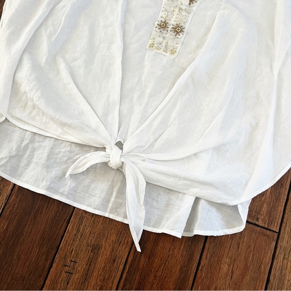 Chico’s Linen Cotton Beaded Tie Front Top Boxy Beachy Coastal 10 Lagenlook Chic - Picture 6 of 12